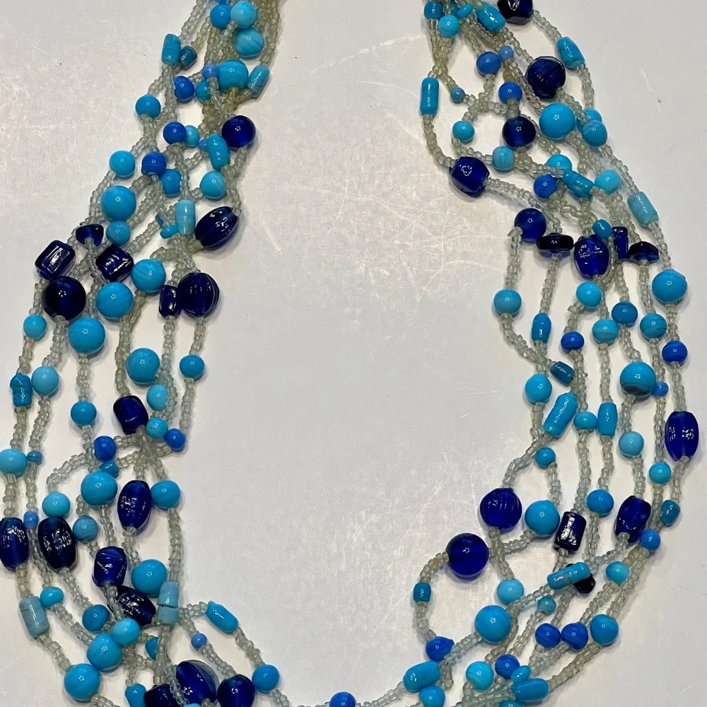 VINTAGE  Czech GLASS SEED BEAD COBALT BLUE MULTI STRAND NECKLACE 22